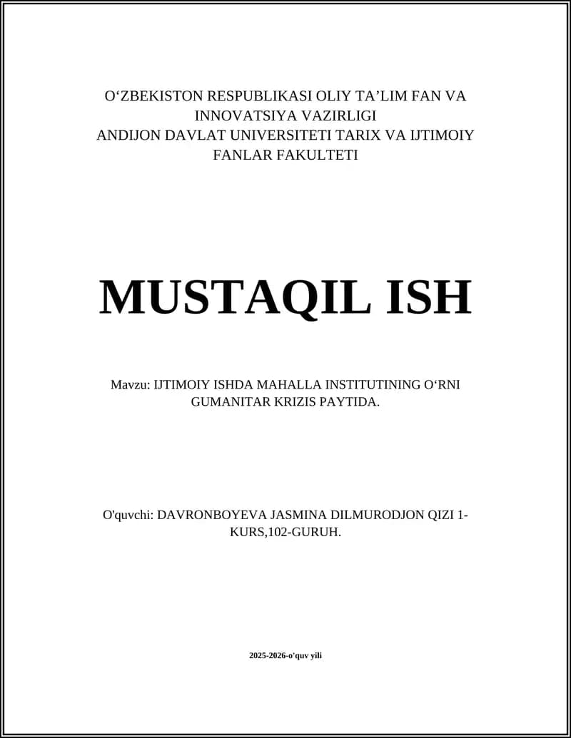 Mahalla Institutining Gumanitar Krizislarda Favqulodda Yordam Ko‘rsatishdagi Roli