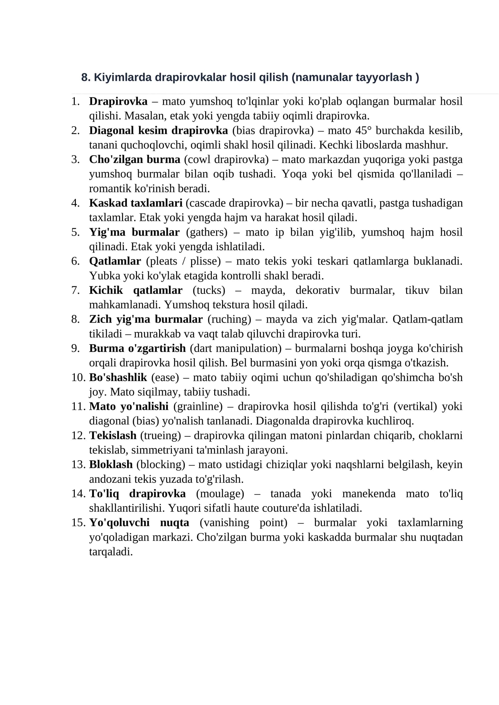Kiyimlarda drapirovkalar hosil qilish (namunalar tayyorlash)