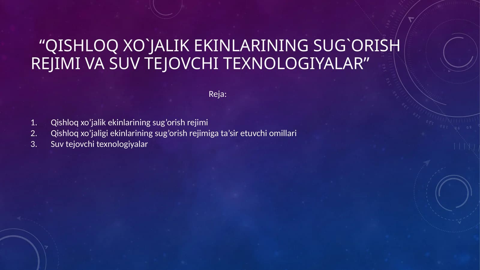 Qishloq xo`jalik ekinlarining sug`orish rеjimi va suv tejovchi texnologiyalar