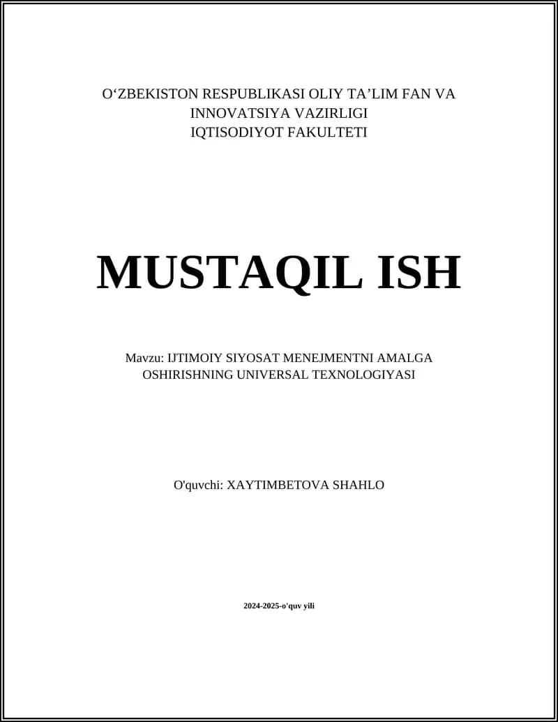 IJTIMOIY SIYOSAT MENEJMENTNI AMALGA OSHIRISHNING UNIVERSAL TEXNOLOGIYASI