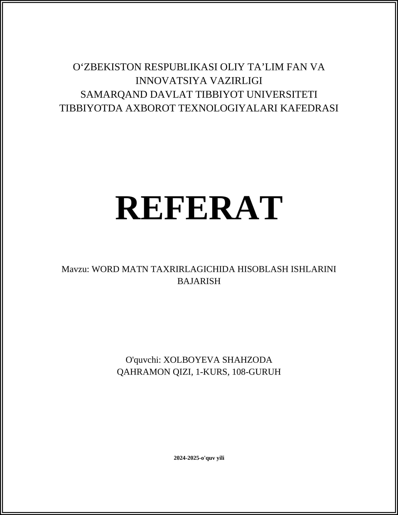 WORD MATN TAXRIRLAGICHIDA HISOBLASH ISHLARINI BAJARISH