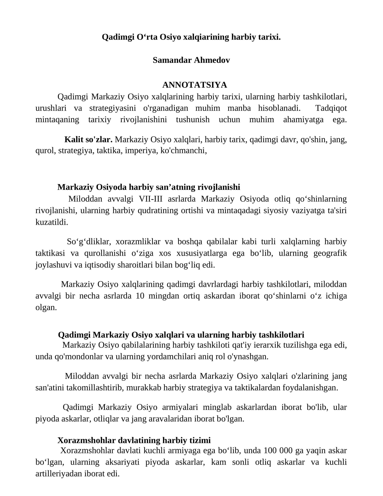 Qadimgi O‘rta Osiyo xalqiarining harbiy tarixi
