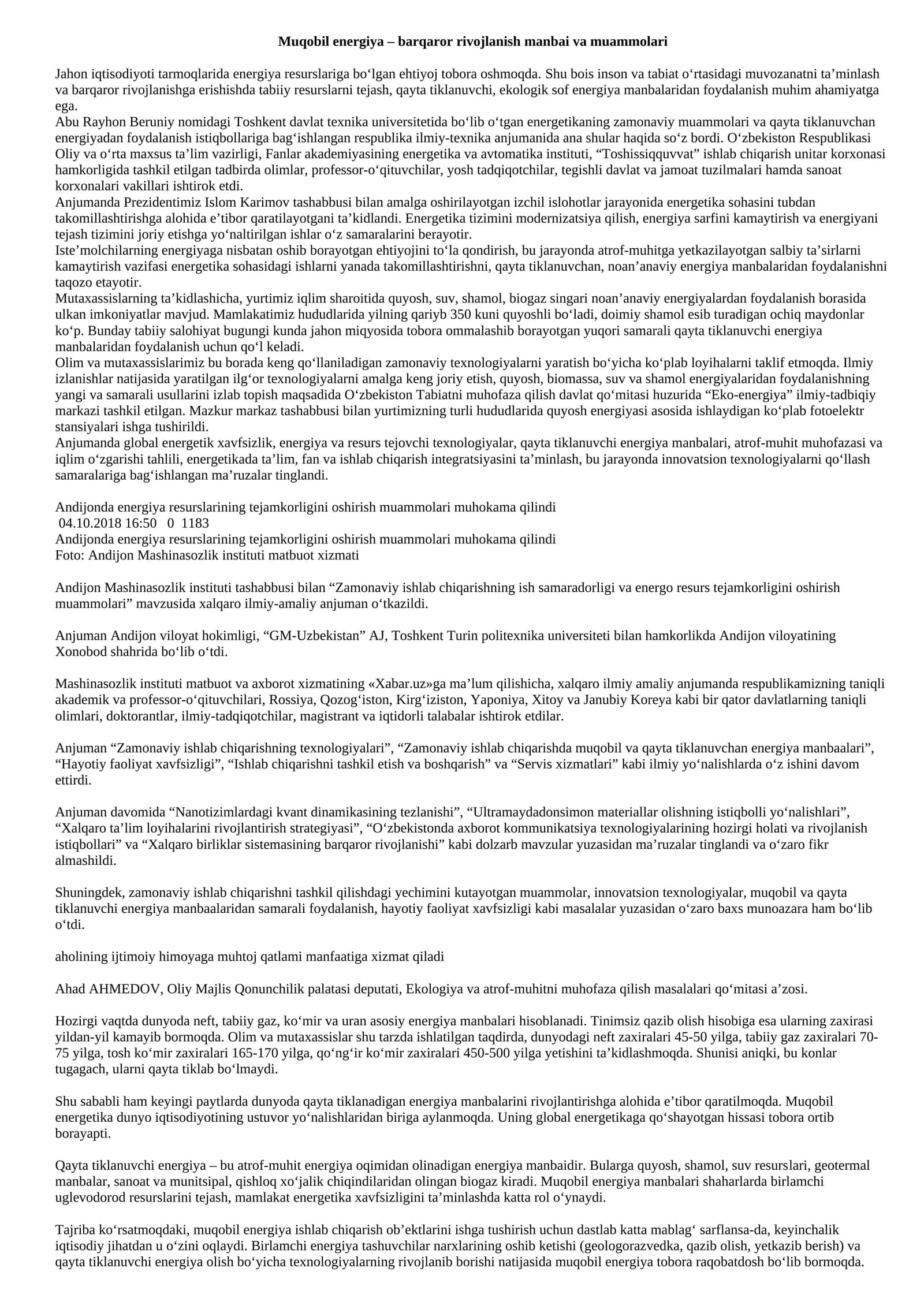 Muqobil energiya – barqaror rivojlanish manbai va muammolari