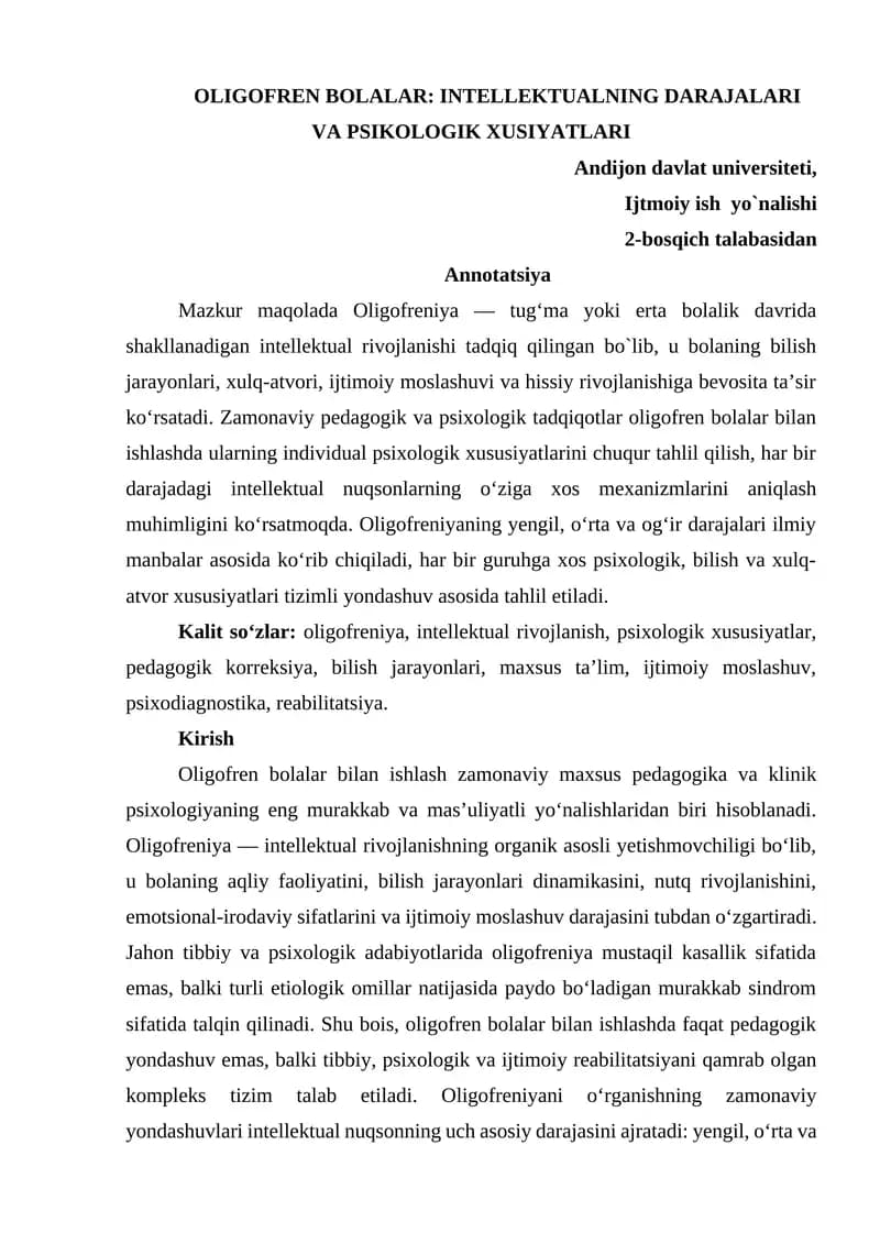 OLIGOFREN BOLALAR: INTELLEKTUALNING DARAJALARI VA PSIKOLOGIK XUSIYATLARI