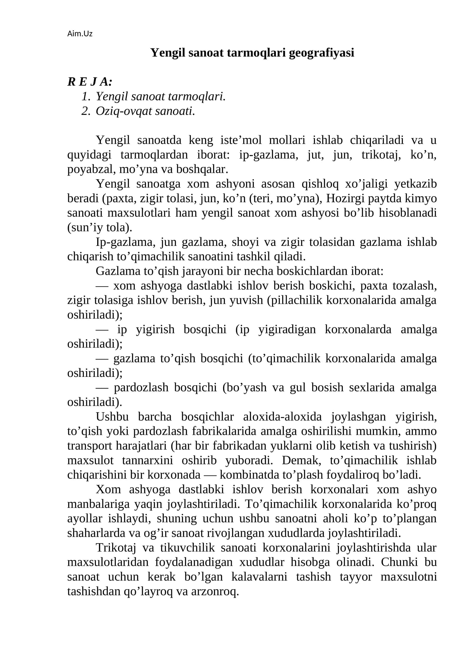 Yengil sanoat tarmoqlari geografiyasi