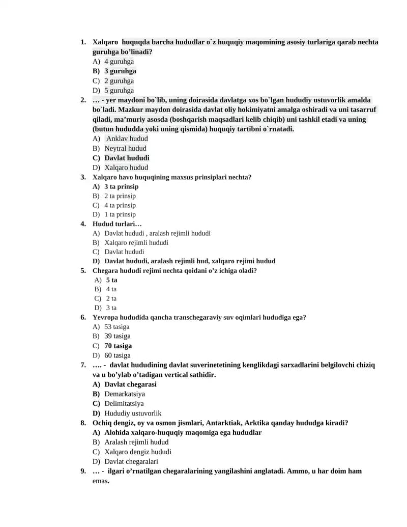 Xalqaro huquq mavzusi haqida test savollari (1)