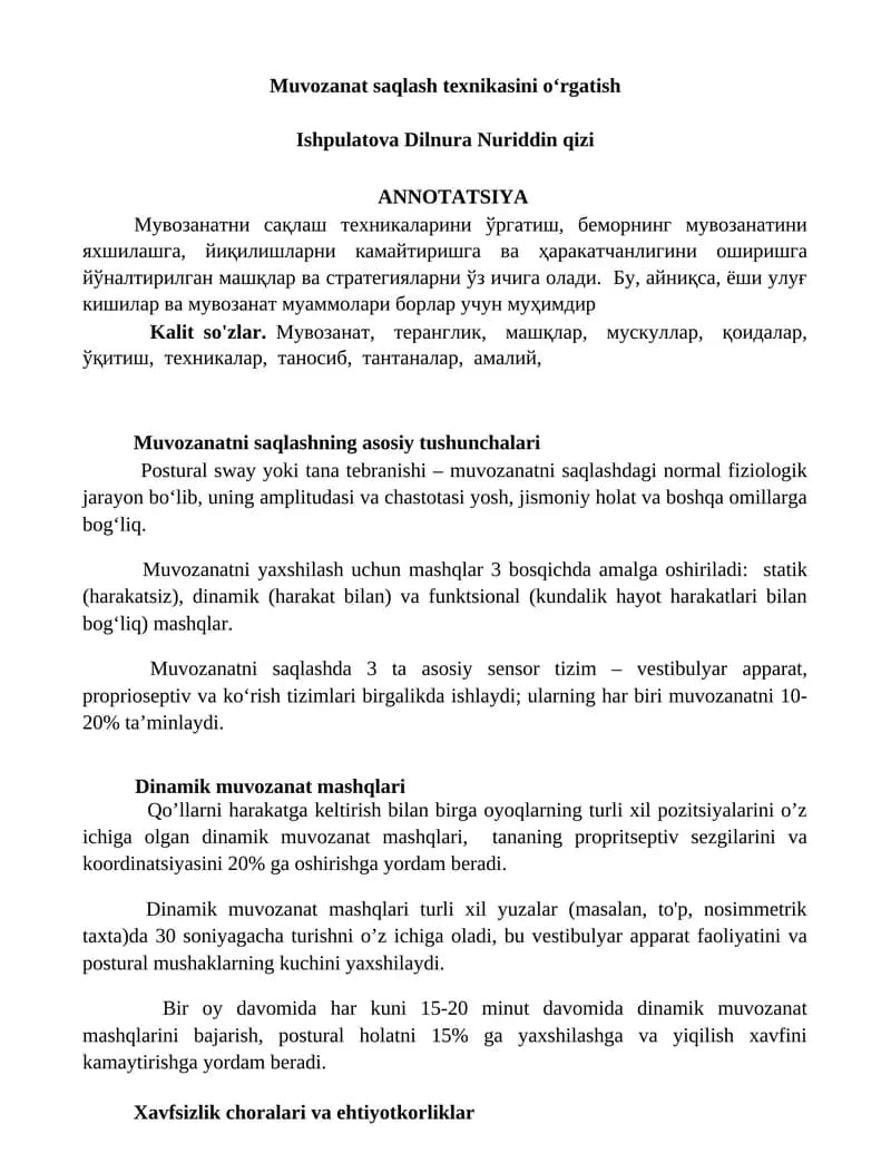 Muvozanat saqlash texnikasini oʻrgatish