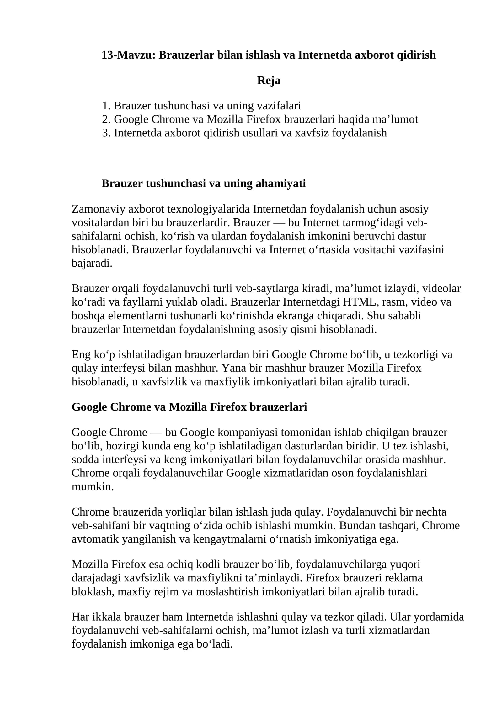 Brauzerlar bilan ishlash va Internetda axborot qidirish