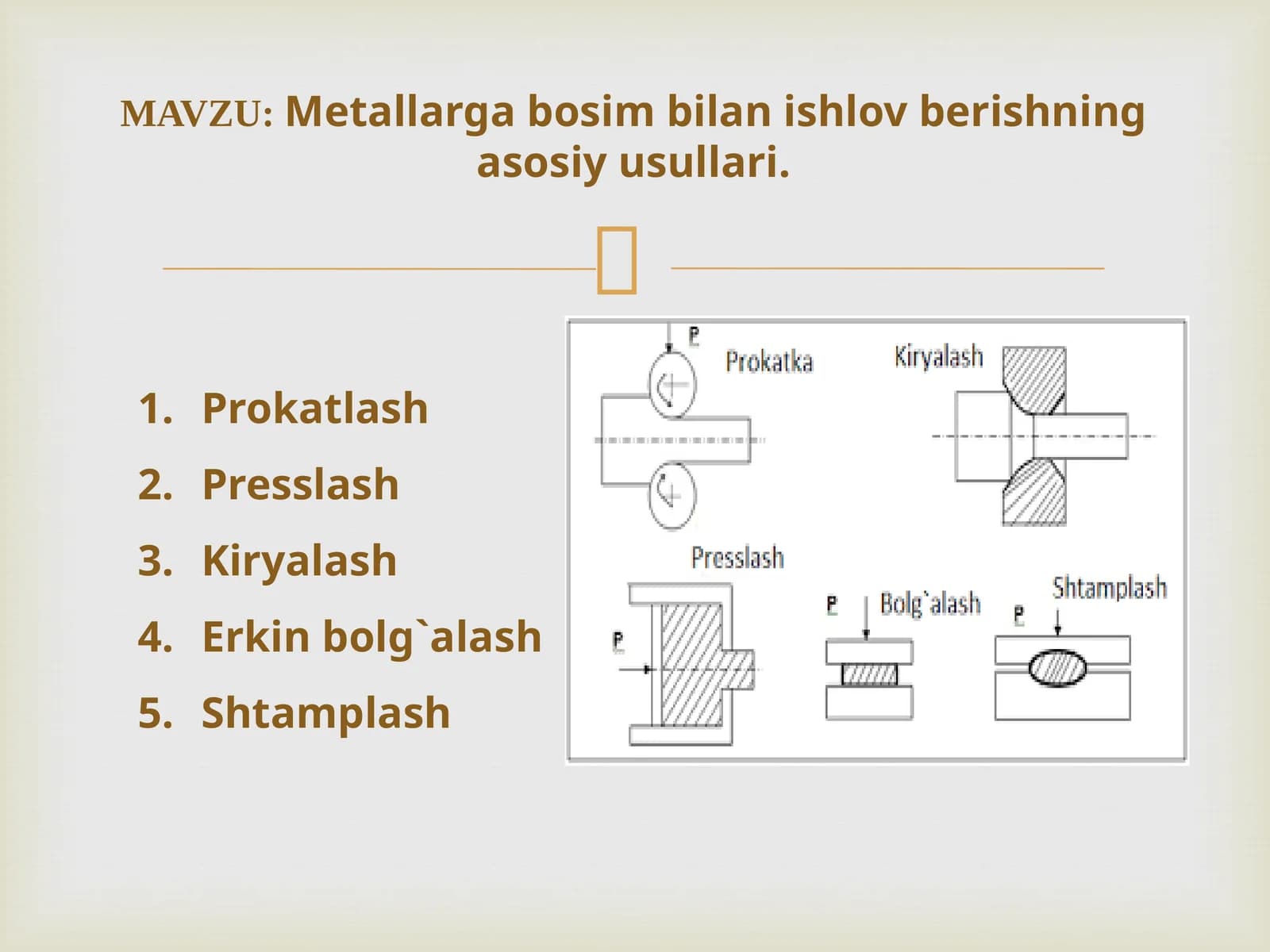 Metallarga bosim bilan ishlov berishning asosiy usullari
