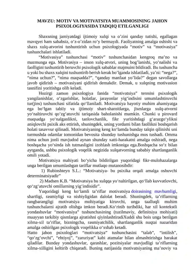 MOTIV VA MOTIVATSIYA MUAMMOSINING JAHON PSIXOLOGIYASIDA TADQIQ ETILGANLIGI