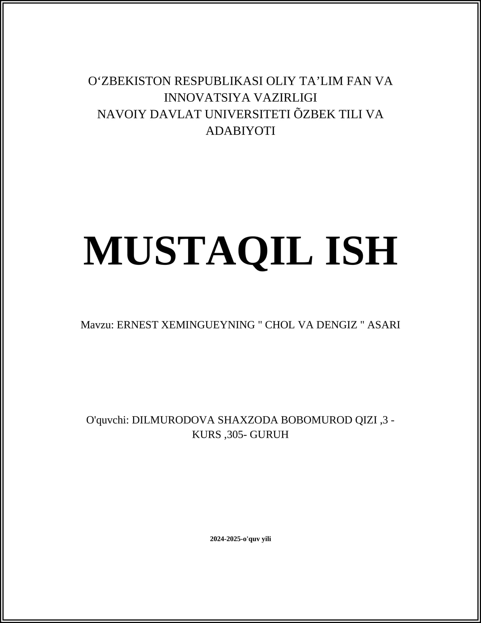 ERNEST XEMINGUEYNING " CHOL VA DENGIZ " ASARI