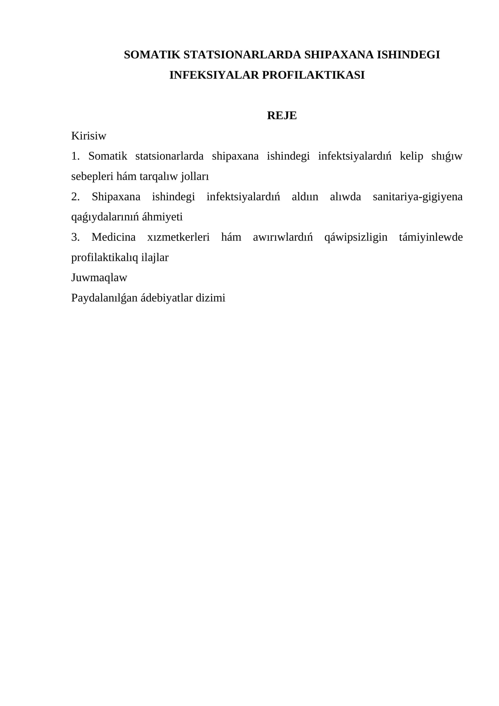 SOMATIK STATSIONARLARDA SHIPAXANA ISHINDEGI INFEKSIYALAR PROFILAKTIKASI