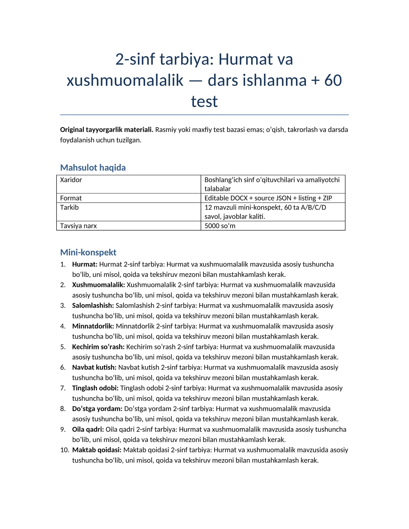 2-sinf tarbiya: Hurmat va xushmuomalalik