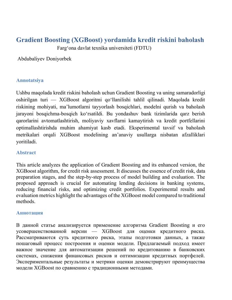 Gradient Boosting (XGBoost) yordamida kredit riskini baholash