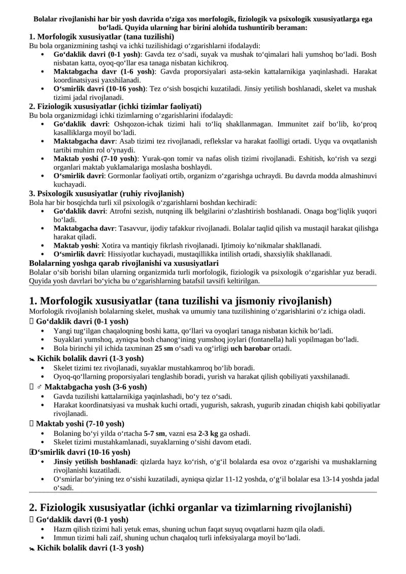 Bolalar rivojlanishi har bir yosh davrida