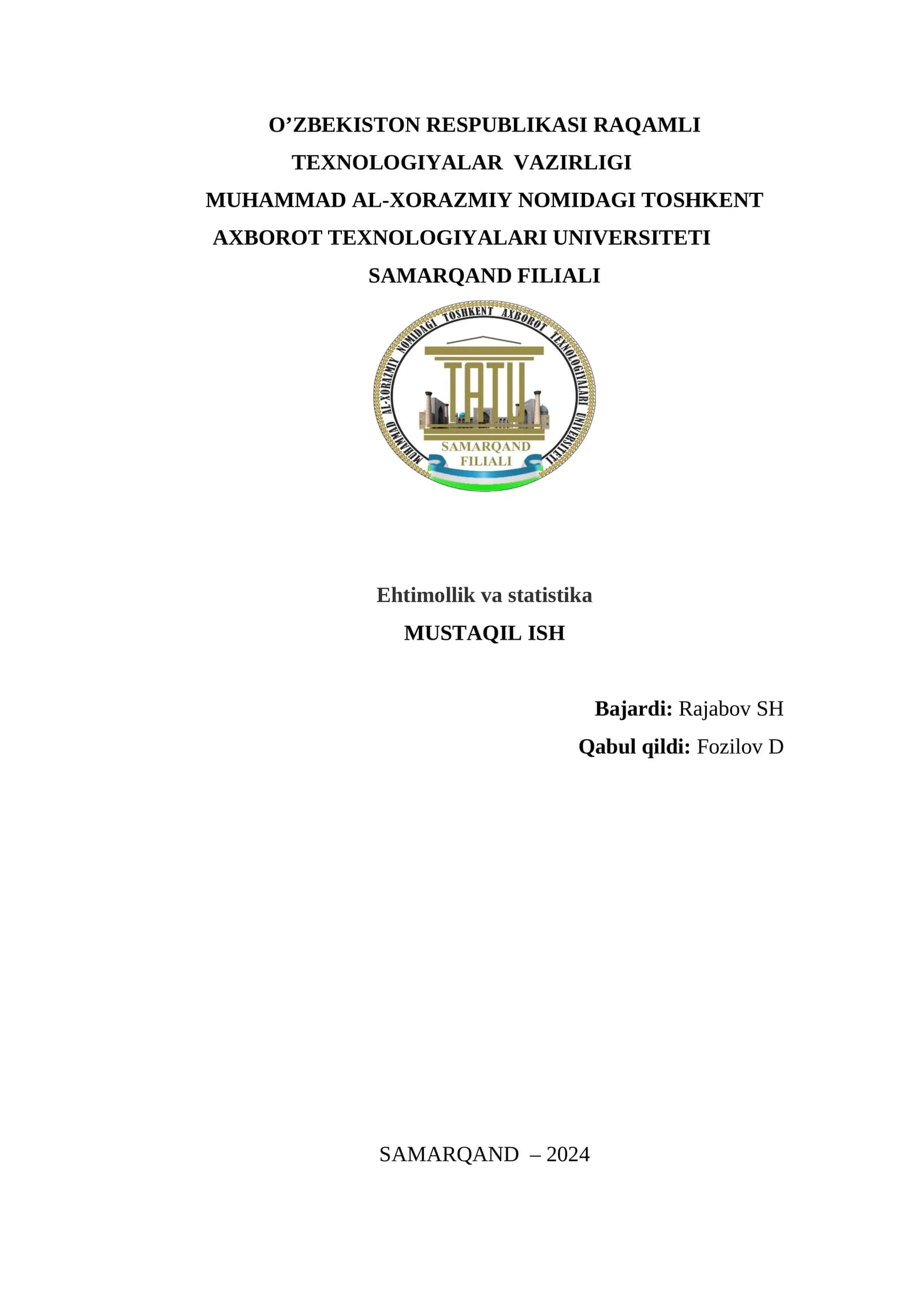 Ehtimollik va statistika MUSTAQIL ISH