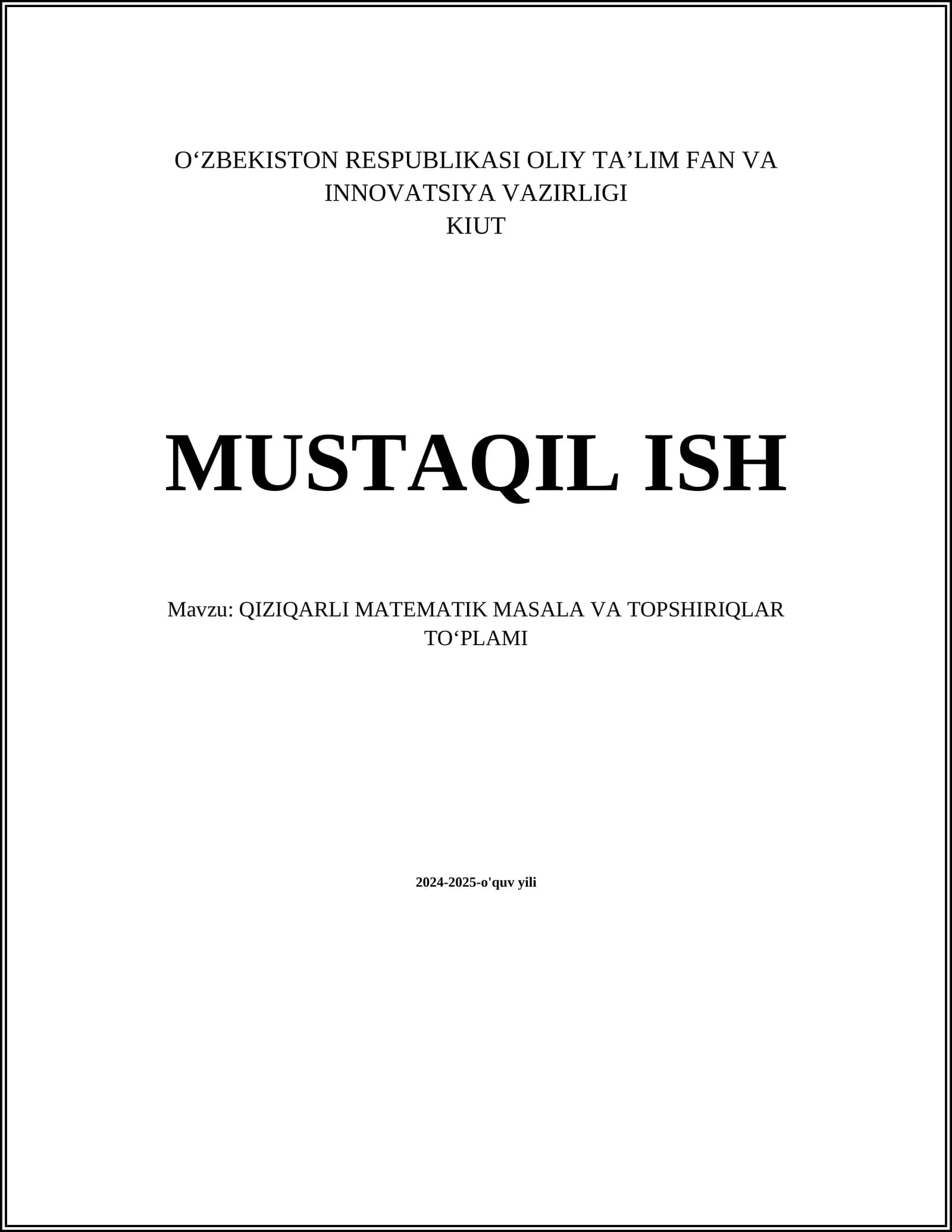 QIZIQARLI MATEMATIK MASALA VA TOPSHIRIQLAR TOʻPLAMI