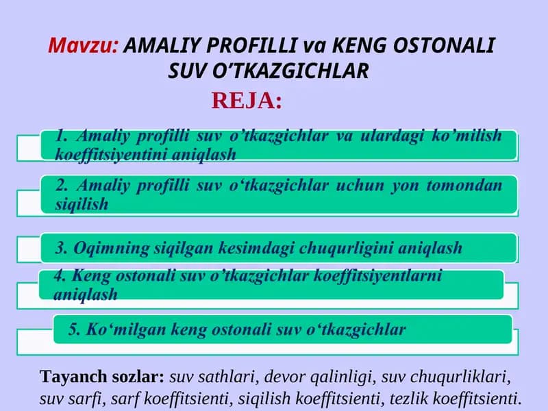 AMALIY PROFILLI va KENG OSTONALI SUV O’TKAZGICHLAR