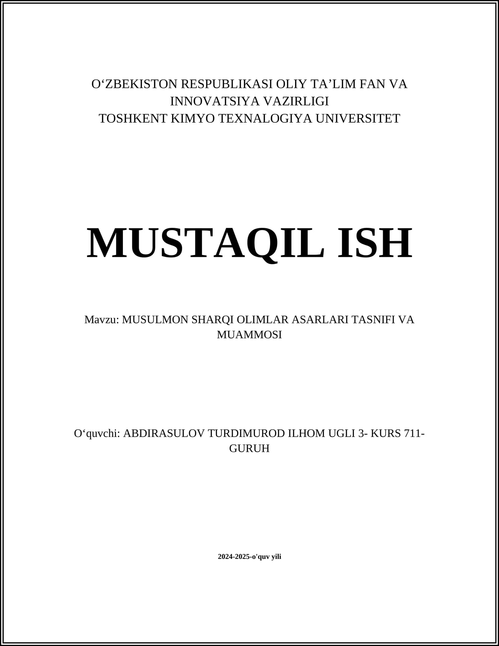 MUSULMON SHARQI OLIMLAR ASARLARI TASNIFI VA MUAMMOSI