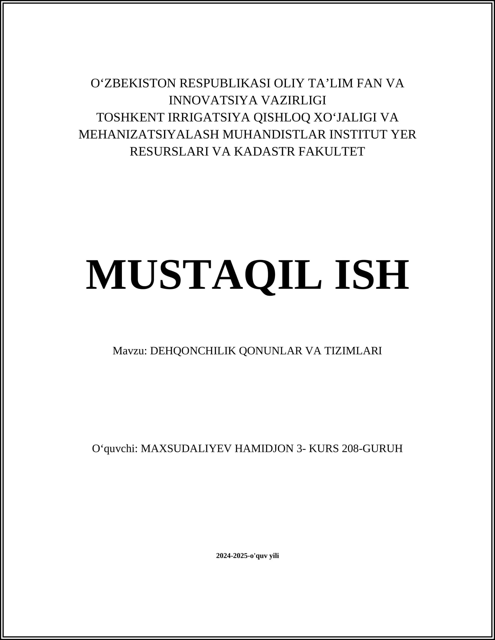 DEHQONCHILIK QONUNLAR VA TIZIMLARI