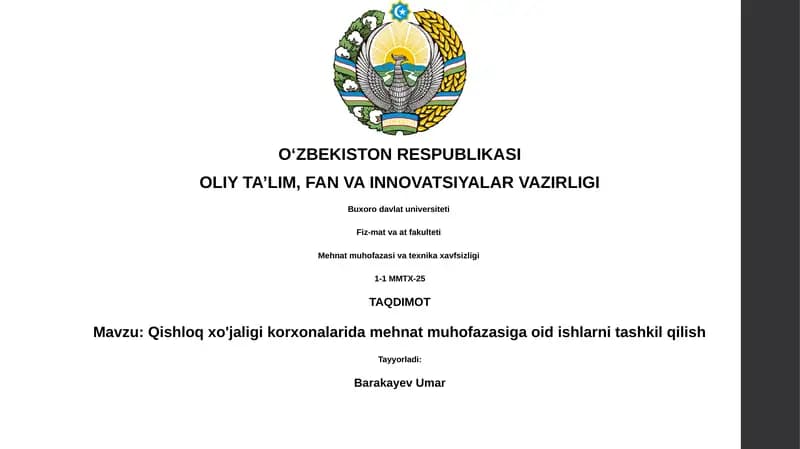 Qishloq xo'jaligi korxonalarida mehnat muhofazasiga oid ishlarni tashkil qilish
