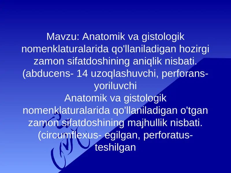 Anatomik va gistologik nomenklaturalarida qo'llaniladigan hozirgi zamon sifatdoshining aniqlik nisbati