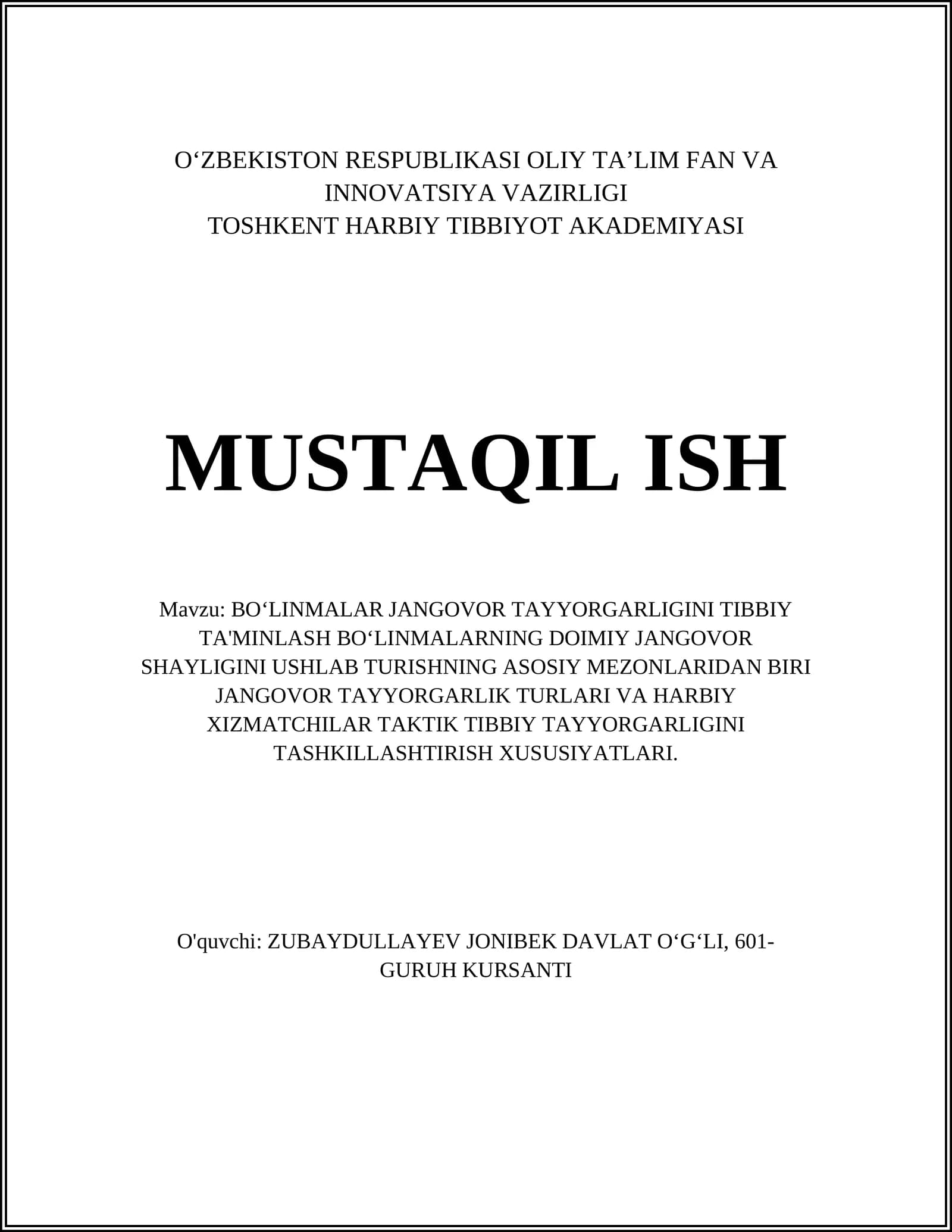 BOʻLINMALAR JANGOVOR TAYYORGARLIGINI TIBBIY TA'MINLASH BOʻLINMALARNING DOIMIY JANGOVOR SHAYLIGINI USHLAB TURISHNING ASOSIY MEZONLARIDAN BIRI JANGOVOR TAYYORGARLIK TURLARI VA HARBIY XIZMATCHILAR TAKTIK TIBBIY TAYYORGARLIGINI TASHKILLASHTIRISH XUSUSIYATLARI