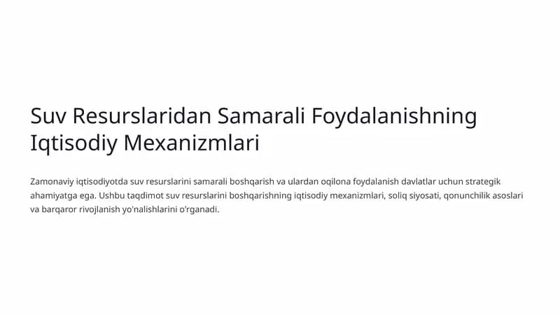 Suv Resurslaridan Samarali Foydalanishning Iqtisodiy Mexanizmlari
