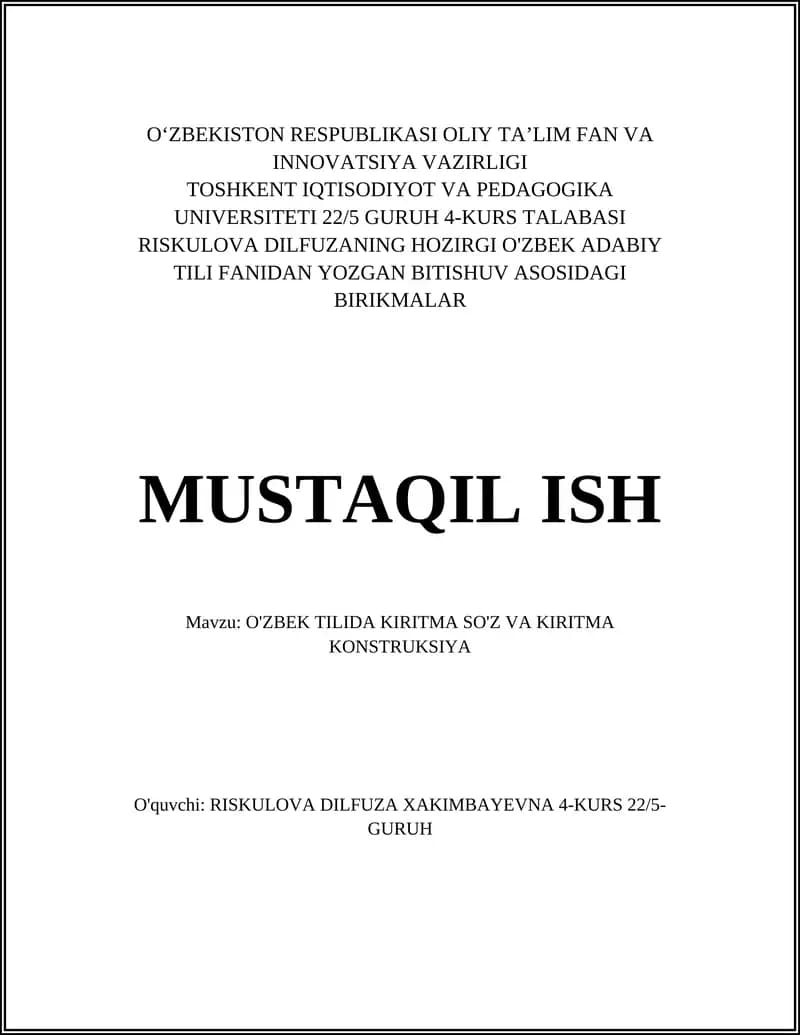O'ZBEK TILIDA KIRITMA SO'Z VA KIRITMA KONSTRUKSIYA