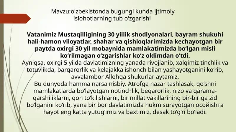 o'zbekistonda bugungi kunda ijtimoiy islohotlarning tub o'zgarishi