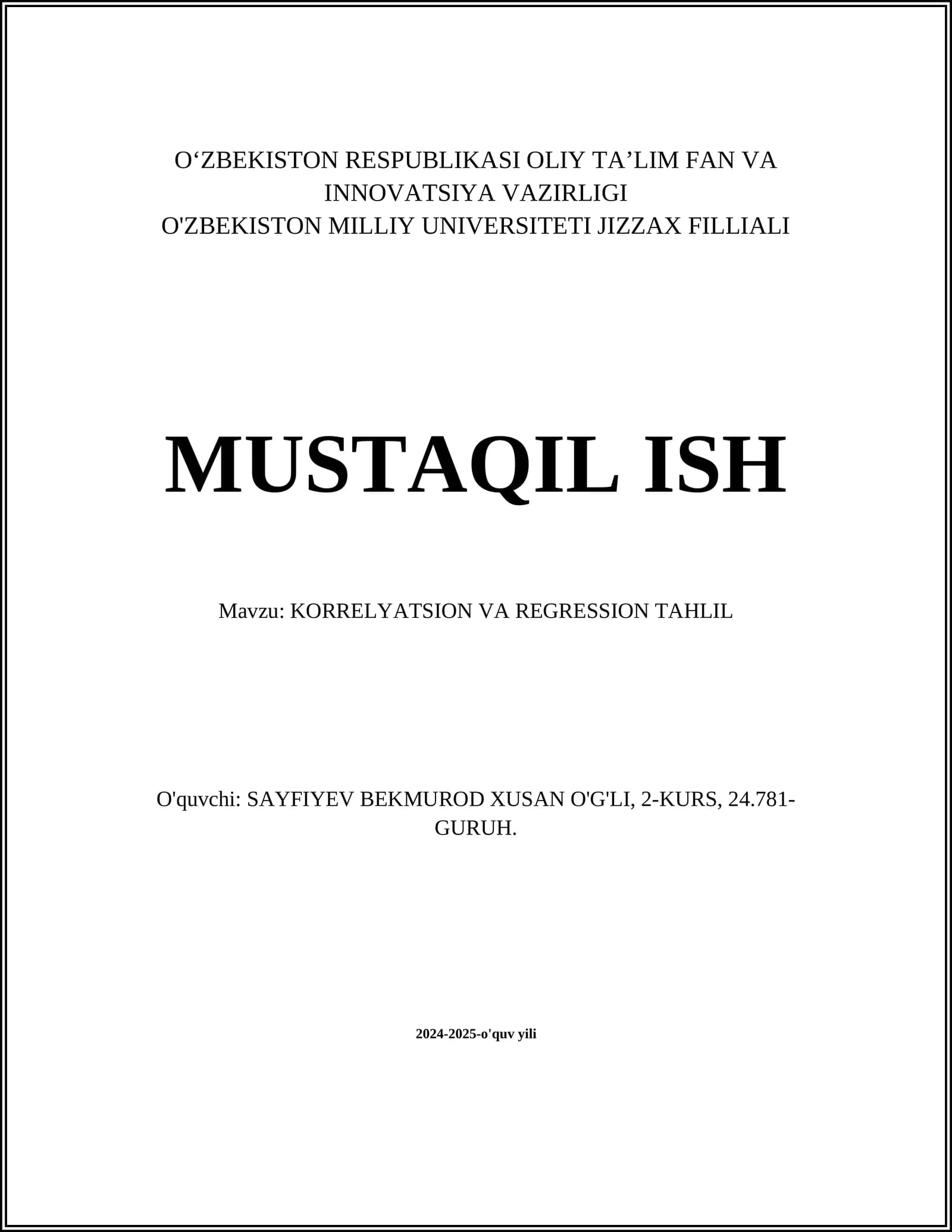 MUSTAQIL ISH Mavzu: KORRELYATSION VA REGRESSION TAHLIL