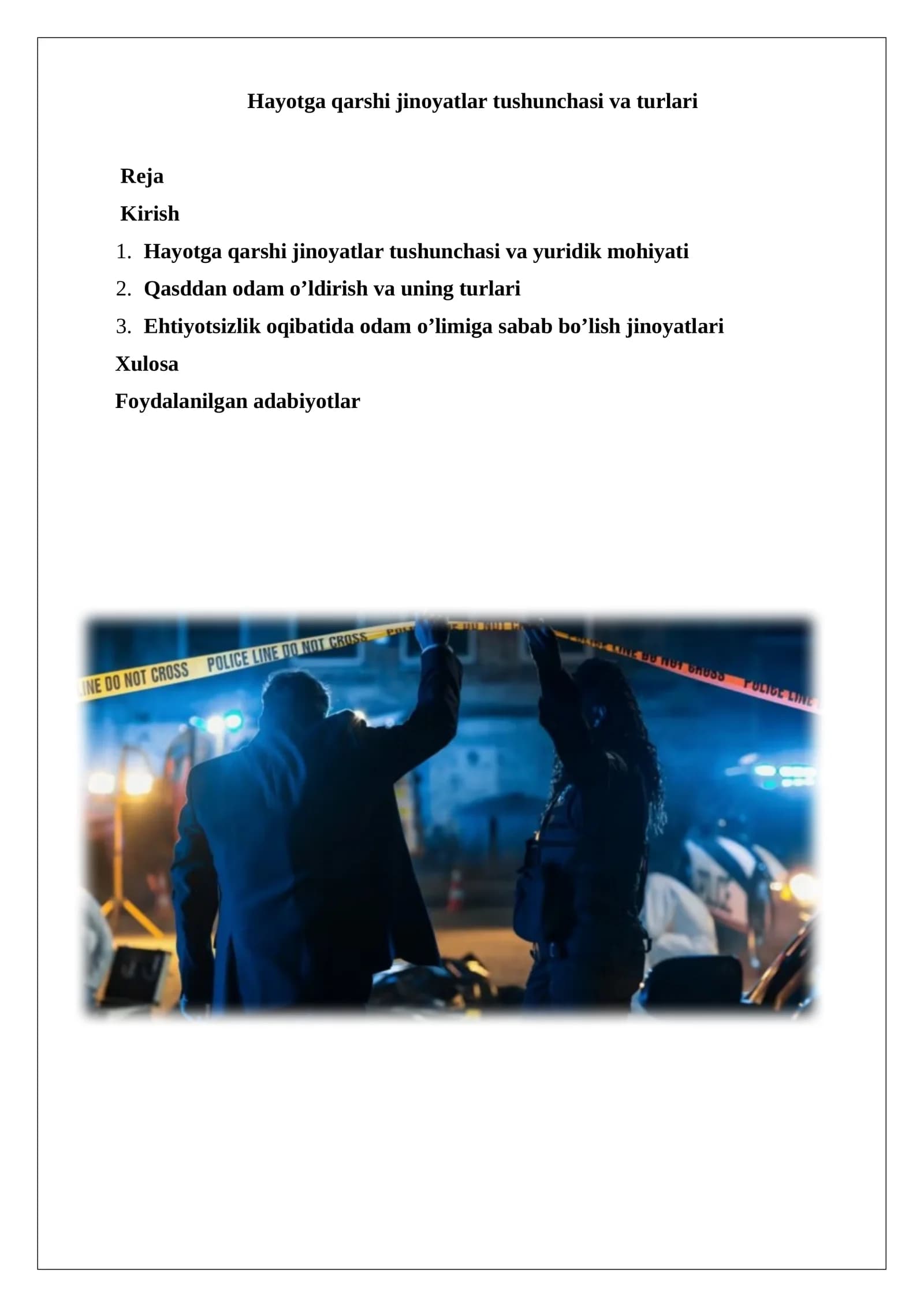 Hayotga qarshi jinoyatlar tushunchasi va turlari