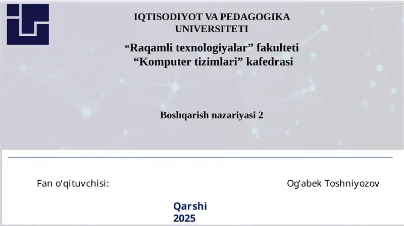 Ma’ruza 1: Chiziqli tizimlarning rostlash sifatini bahola sh usullari