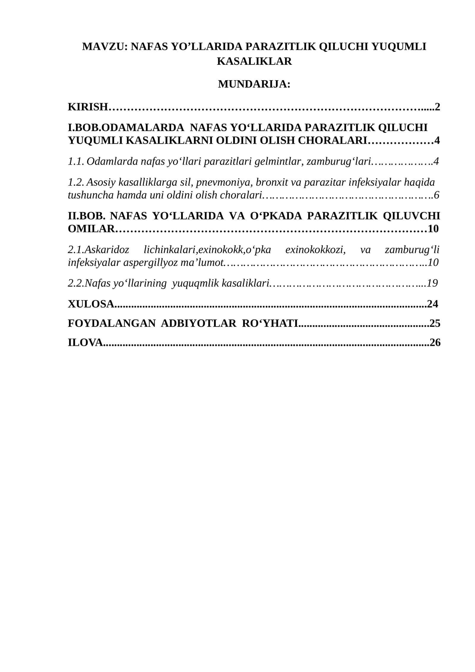 NAFAS YO’LLARIDA PARAZITLIK QILUCHI YUQUMLI KASALIKLAR