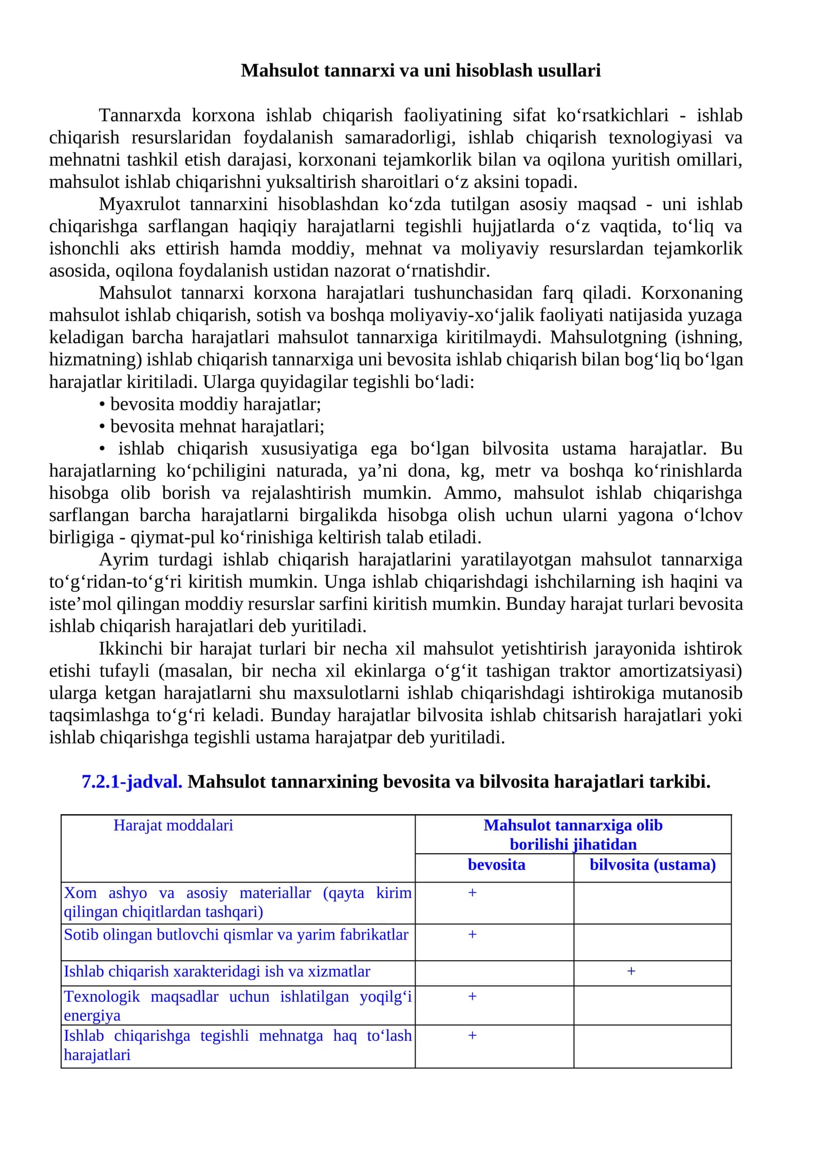 Mahsulot tannarxi va uni hisoblash usullari