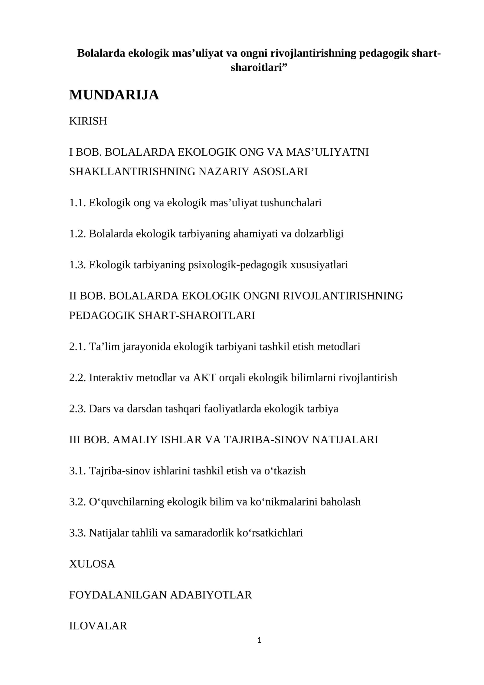Bolalarda ekologik mas’uliyat va ongni rivojlantirishning pedagogik shart-sharoitlari
