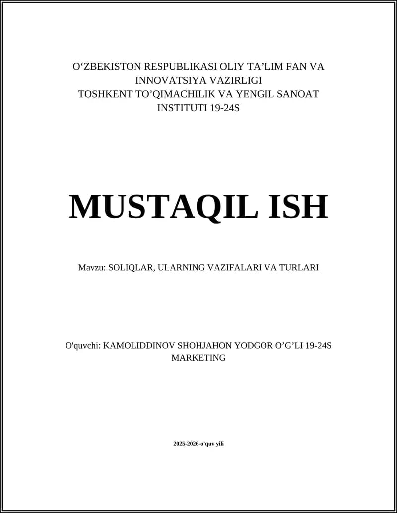 SOLIQLAR, ULARNING VAZIFALARI VA TURLARI