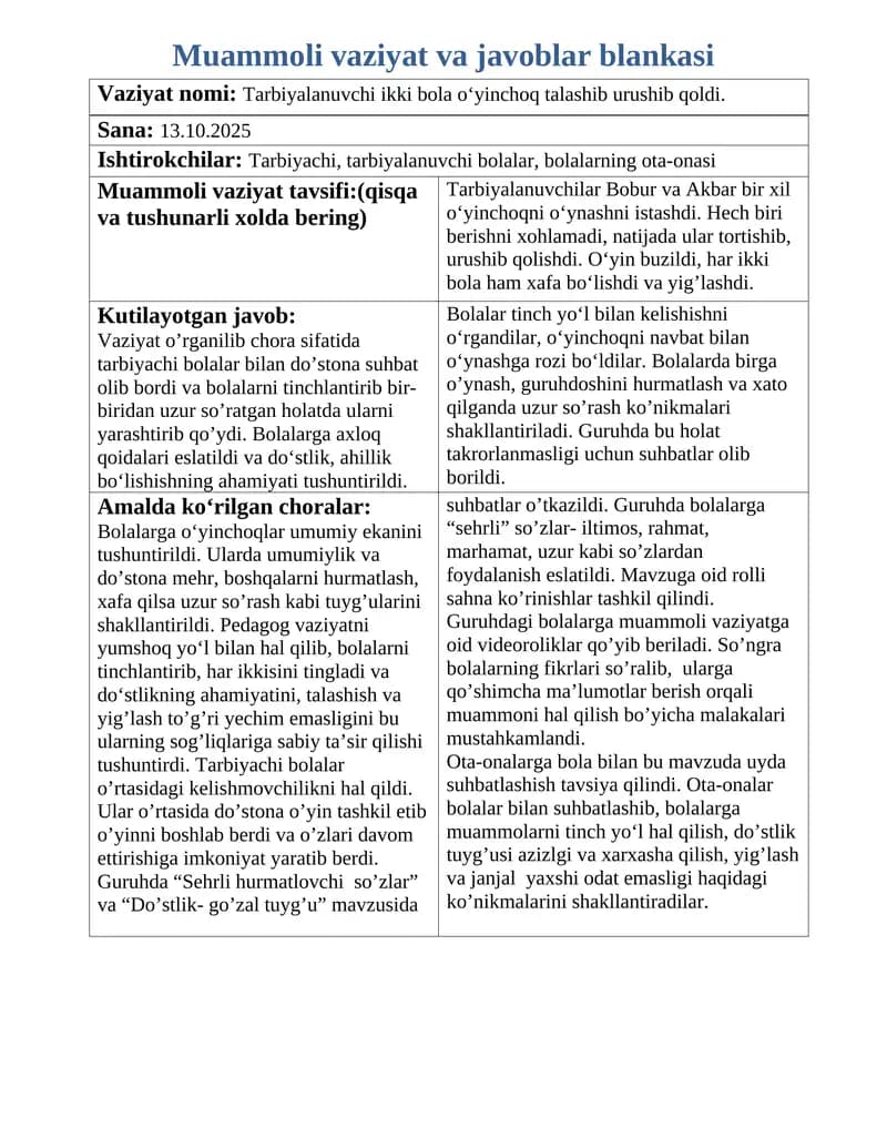 Muammoli vaziyat va javoblar blankasi