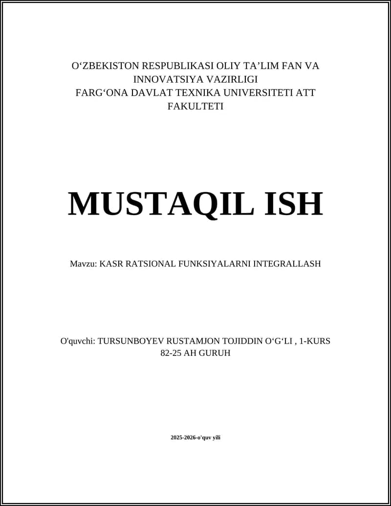 KASR RATSIONAL FUNKSIYALARNI INTEGRALLASH