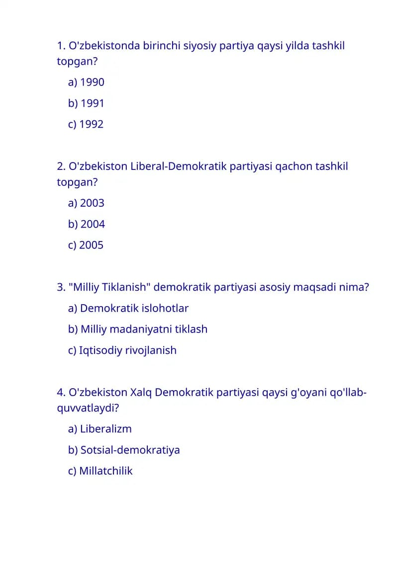 Siyosiy partiyalar haqida test savollari