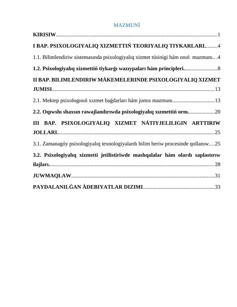 PSIXOLOGIYALIQ XIZMETTIŃ TEORIYALIQ TIYKARLAR