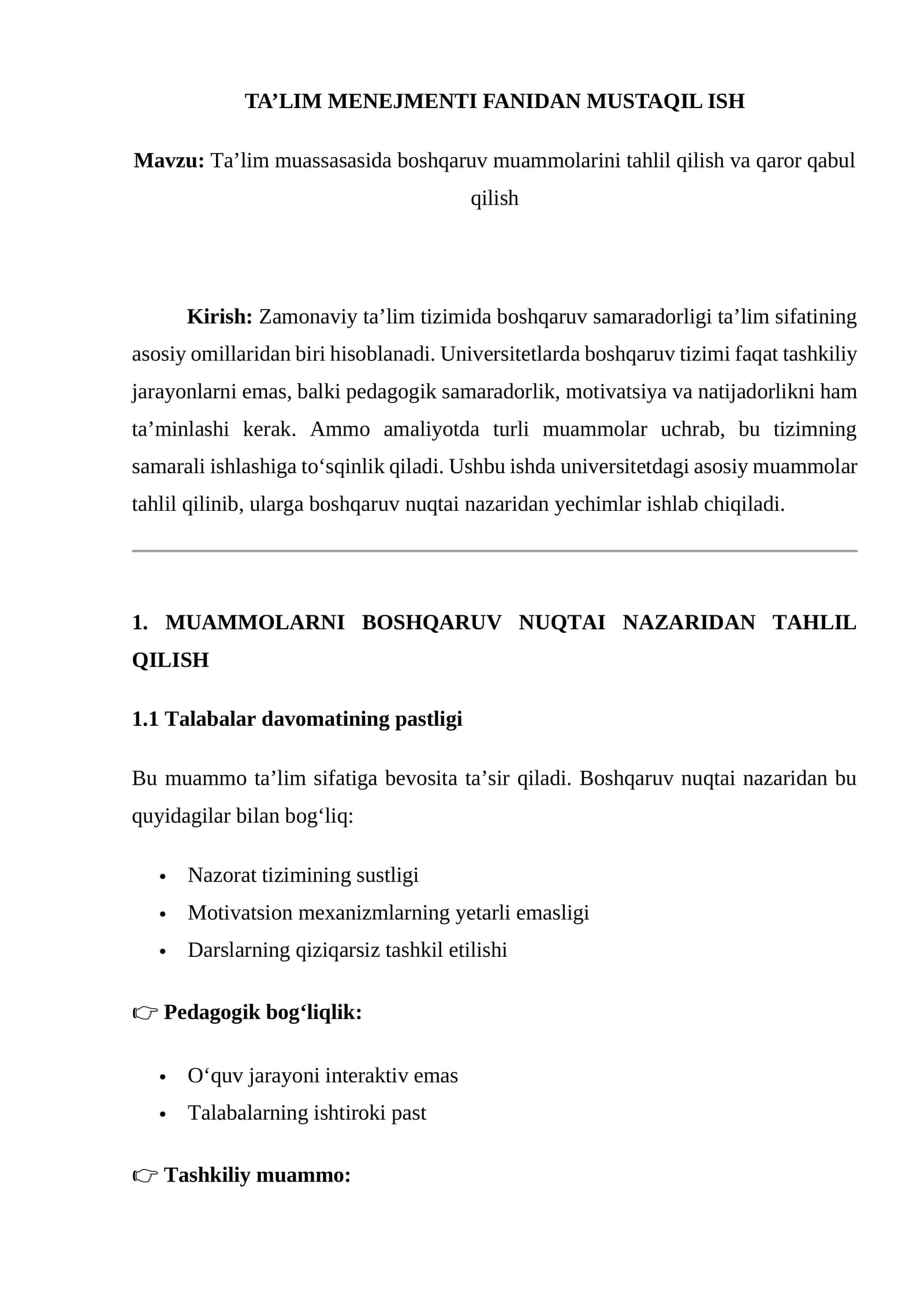 Ta’lim muassasasida boshqaruv muammolarini tahlil qilish va qaror qabul qilish