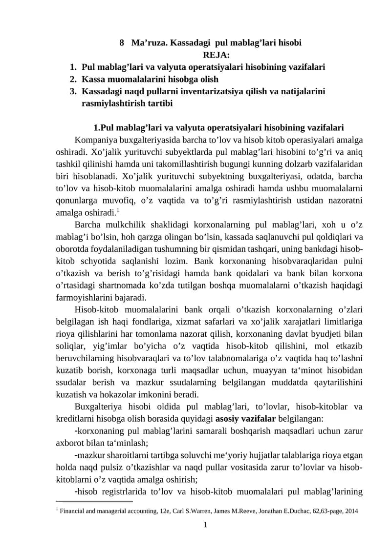 Kassadagi  pul mablag’lari hisobi