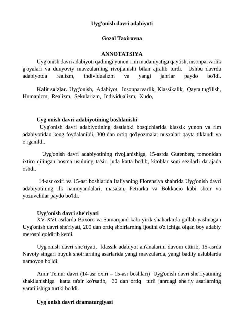 Uyg'onish davri adabiyoti