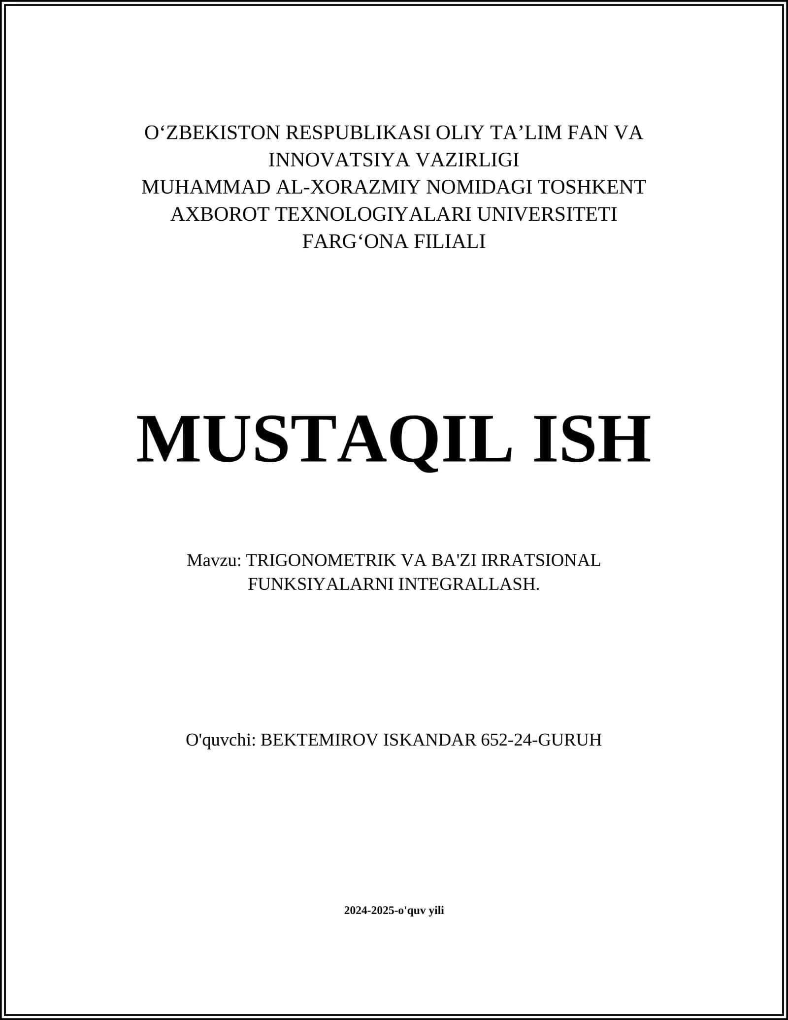 TRIGONOMETRIK VA BA'ZI IRRATSIONAL FUNKSIYALARNI INTEGRALLASH