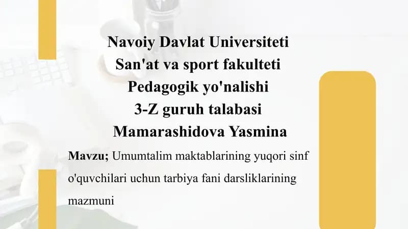 Umumtalim maktablarining yuqori sinf o'quvchilari uchun tarbiya fani darsliklarining mazmuni