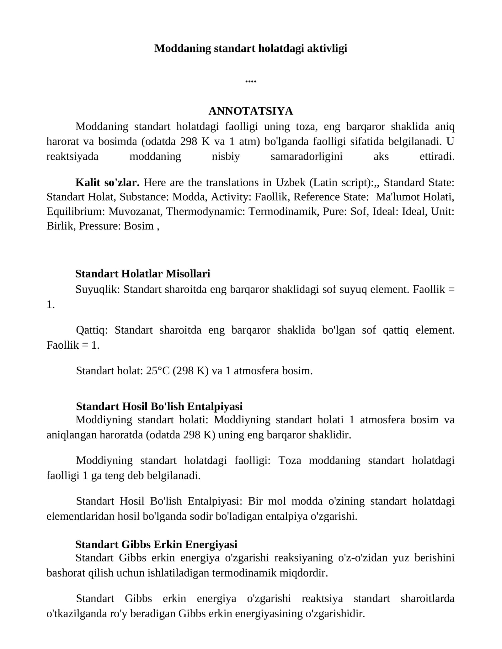 Standart Holatlar Misollari