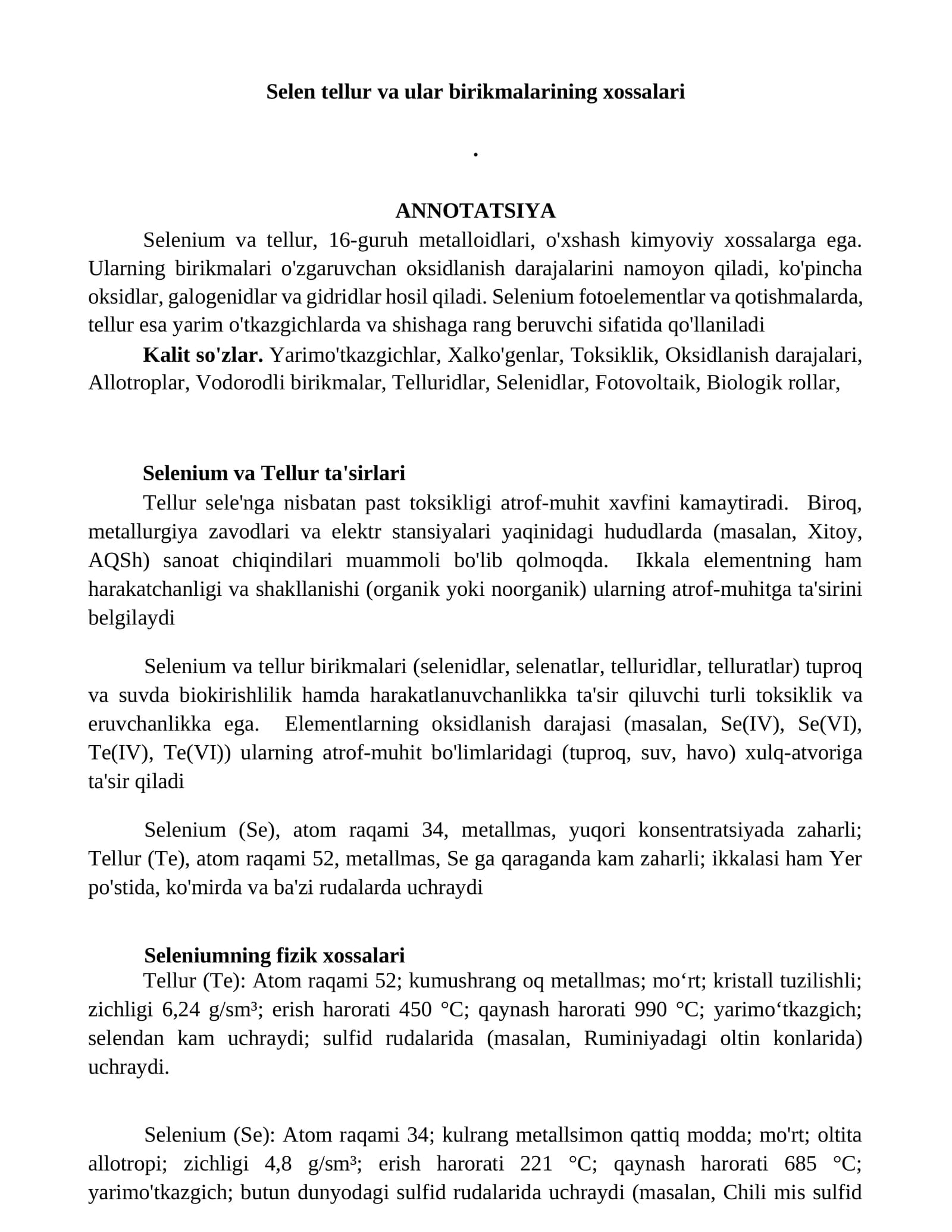 Selen tellur va ular birikmalarining xossalari
