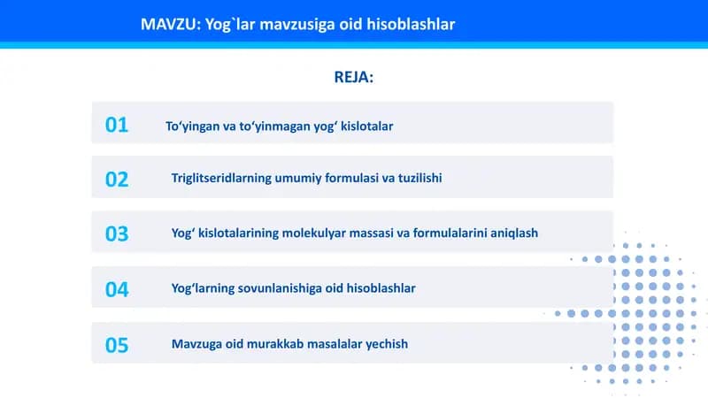 Yog`lar mavzusiga oid hisoblashlar