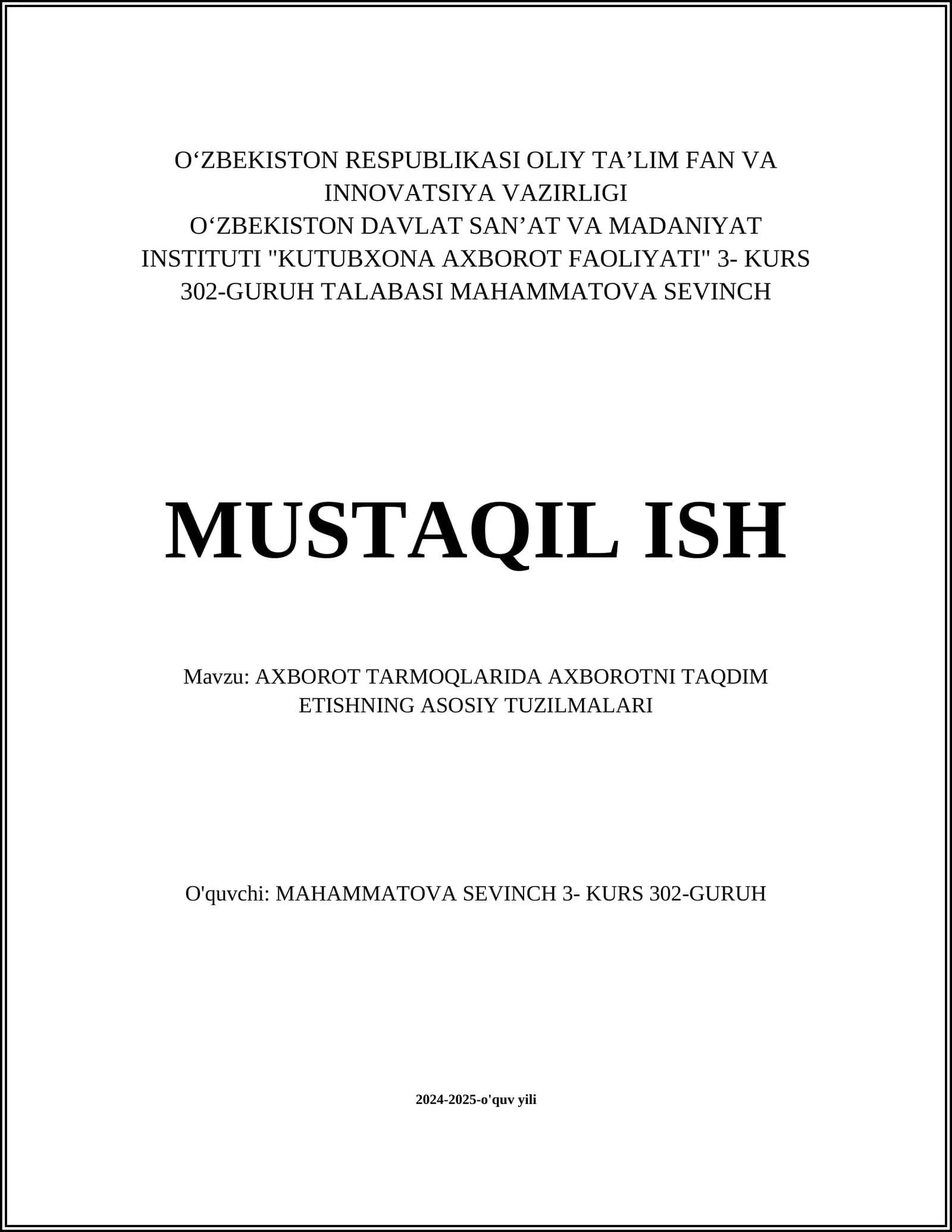 AXBOROT TARMOQLARIDA AXBOROTNI TAQDIM ETISHNING ASOSIY TUZILMALARI